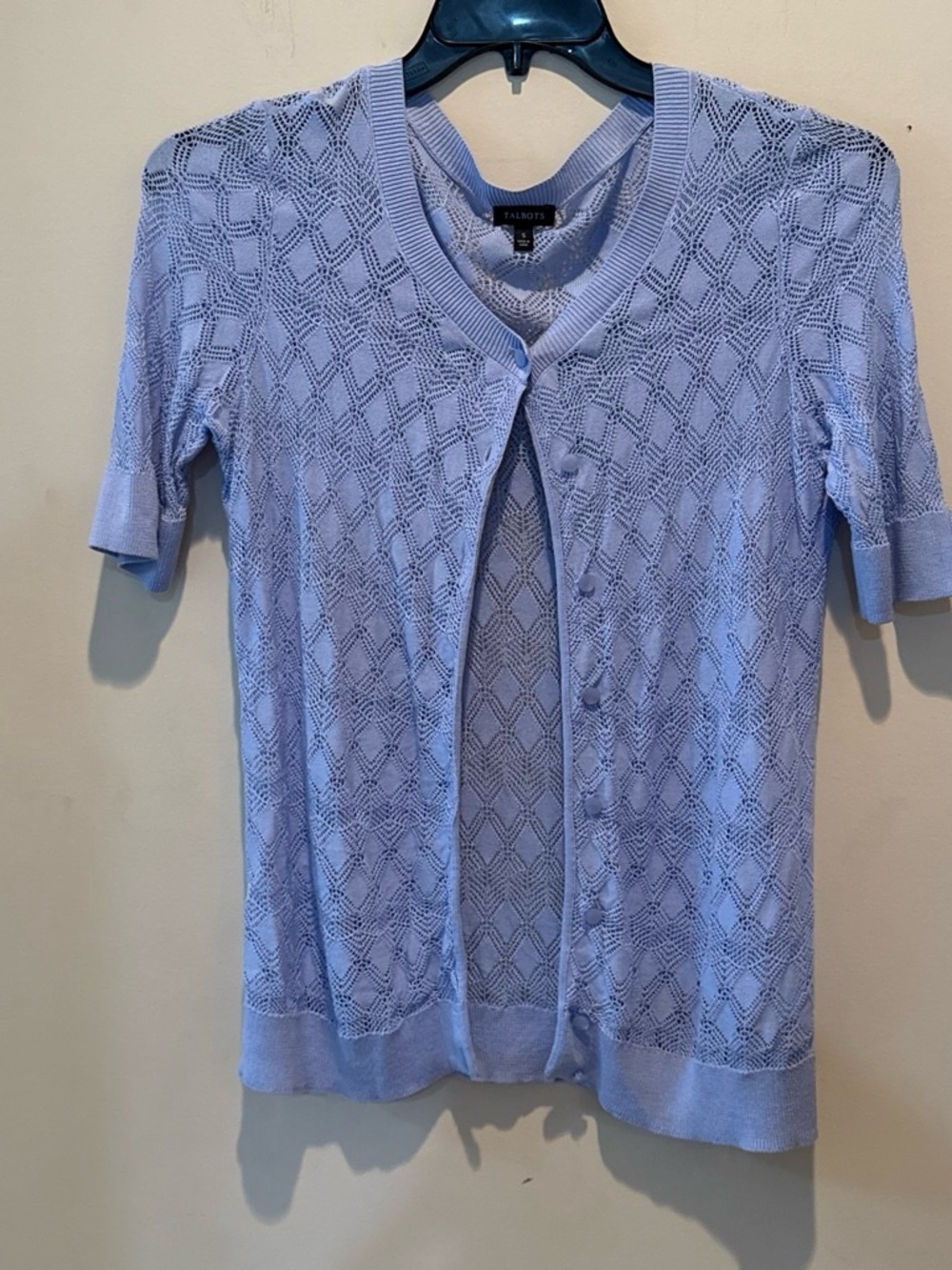 Talbots Light Periwinkle Openwork Short Sleeve Cardigan